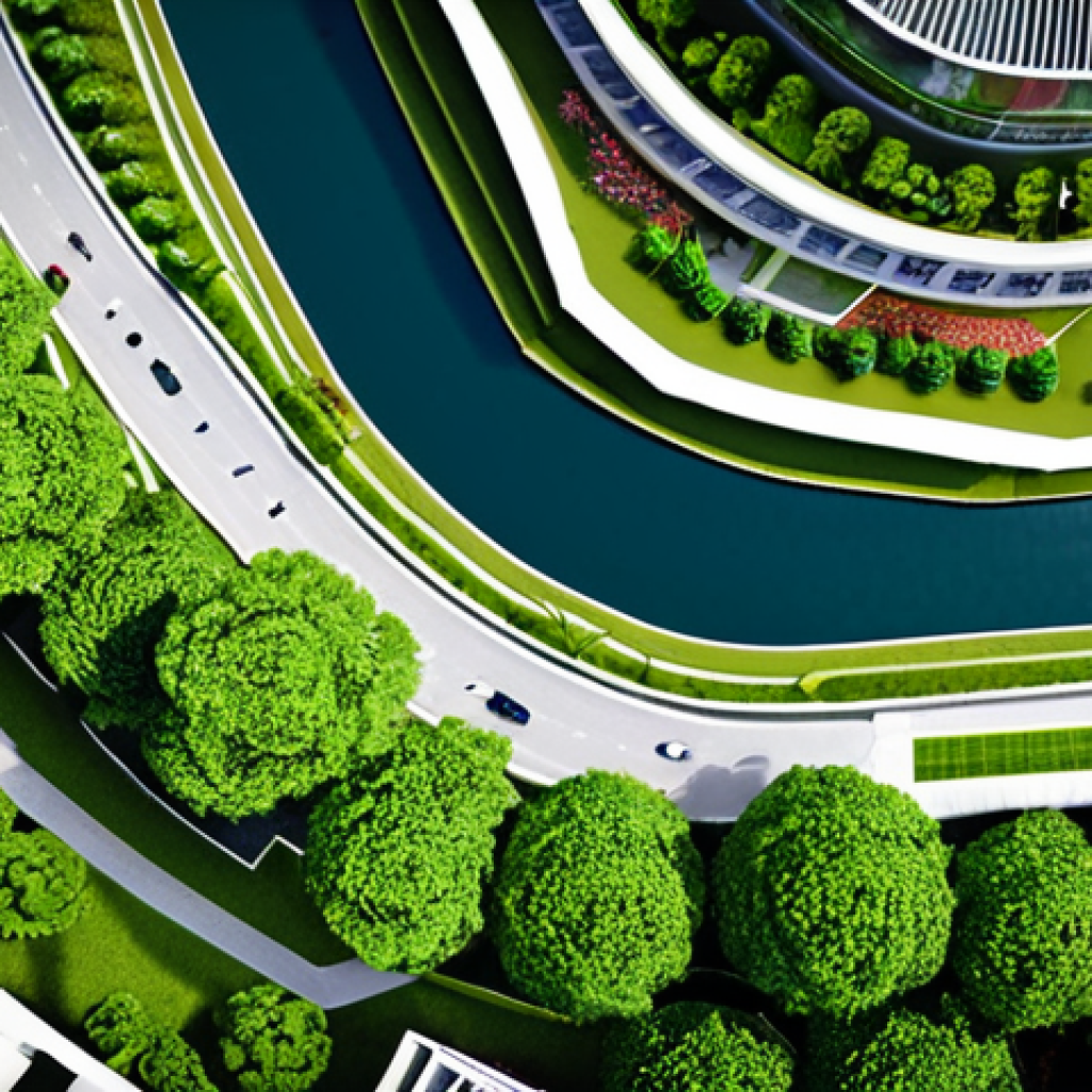 **Urban Green Space Planning:** An aerial view showcasing a modern Vietnamese city with a clear emphasis on green spaces. Highlight parks along rivers and canals, rooftop gardens, and green belts integrated into residential areas. The image should convey a sense of balance between urban development and nature. Consider adding a touch of traditional Vietnamese architecture subtly blended within the modern landscape.