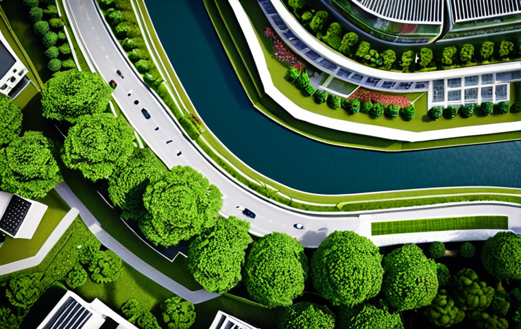 **Urban Green Space Planning:** An aerial view showcasing a modern Vietnamese city with a clear emphasis on green spaces. Highlight parks along rivers and canals, rooftop gardens, and green belts integrated into residential areas. The image should convey a sense of balance between urban development and nature. Consider adding a touch of traditional Vietnamese architecture subtly blended within the modern landscape.