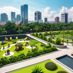 **Urban park with BOT model:** A vibrant, modern park in Ho Chi Minh City, featuring lush greenery, families enjoying leisure activities, and a sleek café operated by a private company. Showcase the park's integration with the city skyline and its positive impact on the community, emphasizing the partnership between the local government and a private business under a BOT agreement. Focus on capturing a sunny day scene, with high-quality visuals and realistic rendering.