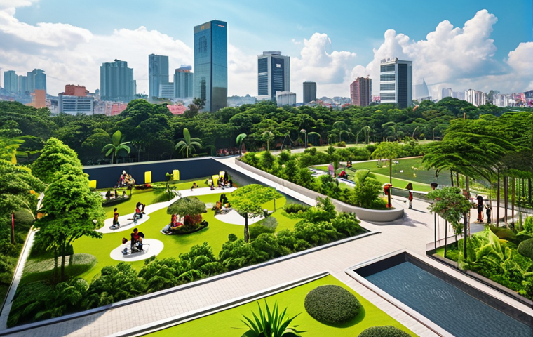**Urban park with BOT model:** A vibrant, modern park in Ho Chi Minh City, featuring lush greenery, families enjoying leisure activities, and a sleek café operated by a private company. Showcase the park's integration with the city skyline and its positive impact on the community, emphasizing the partnership between the local government and a private business under a BOT agreement. Focus on capturing a sunny day scene, with high-quality visuals and realistic rendering.