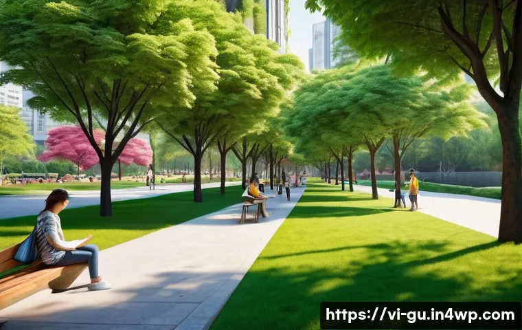 도시 녹지 공간과 생물 다양성 - **Prompt:** A vibrant, lush urban park in a bustling modern city, viewed from a slightly elevated pe...