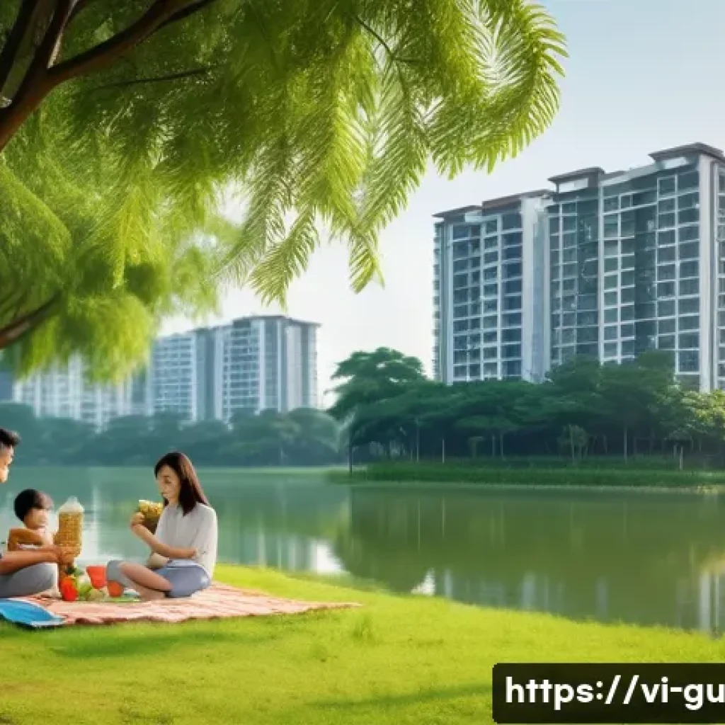 도시 녹지 확장과 부동산 가치 상승 - **Prompt:** A sunny afternoon in Ecopark, Hung Yen, Vietnam. Focus on a family (mother, father, and ...