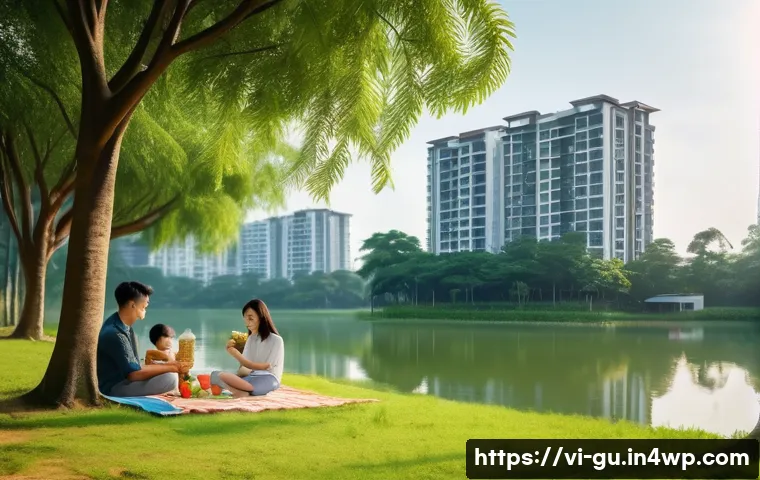 도시 녹지 확장과 부동산 가치 상승 - **Prompt:** A sunny afternoon in Ecopark, Hung Yen, Vietnam. Focus on a family (mother, father, and ...