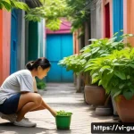 도시 녹지 확장과 지역 사회의 연계 - A vibrant, narrow alleyway in a bustling Vietnamese city, transformed into a lush, verdant space. Su...