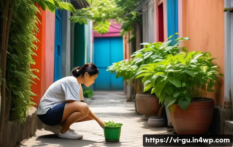도시 녹지 확장과 지역 사회의 연계 - A vibrant, narrow alleyway in a bustling Vietnamese city, transformed into a lush, verdant space. Su...
