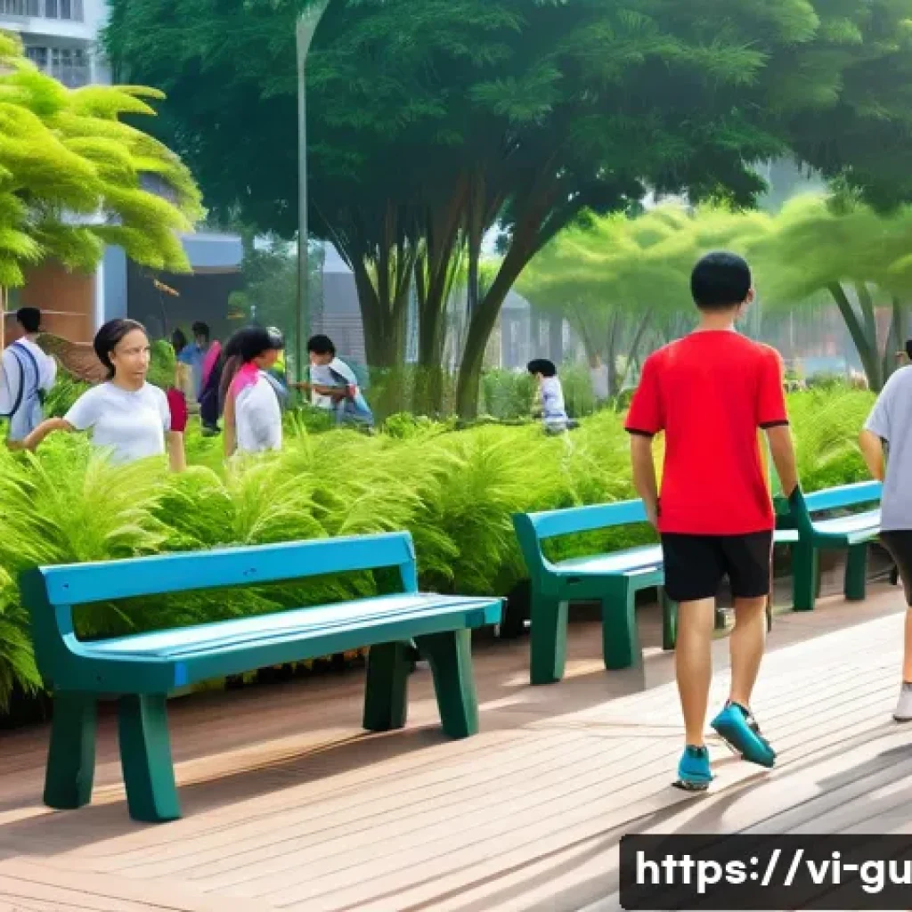 도시 녹지 공간의 디자인 사례 - **Prompt:** "A vibrant, multi-functional urban park in a modern Vietnamese city at daytime. The park...