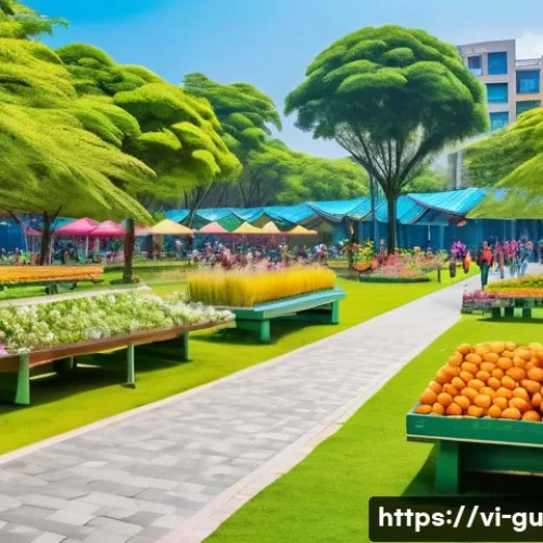도시 녹지 확장을 위한 정책 제안 - A vibrant multifunctional urban park in Vietnam during daytime, featuring lush native trees and flow...