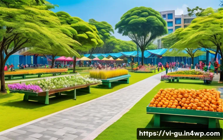 도시 녹지 확장을 위한 정책 제안 - A vibrant multifunctional urban park in Vietnam during daytime, featuring lush native trees and flow...