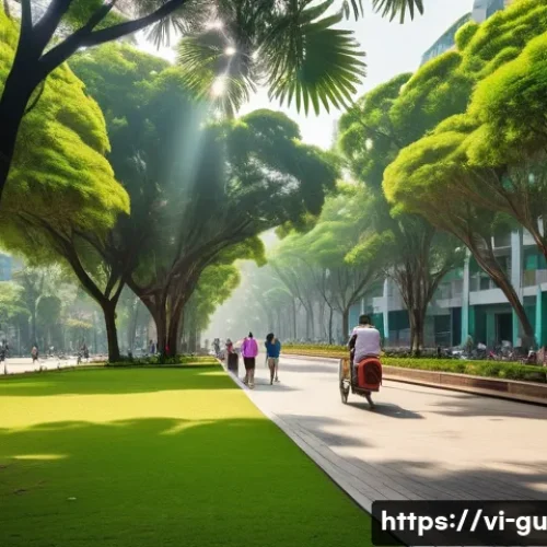 도시 녹지와 도시 열섬 효과 완화 - A vibrant urban park scene in Ho Chi Minh City during midday, showcasing large shade trees like Sao ...