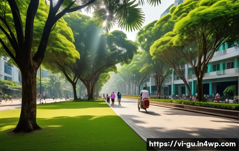 도시 녹지와 도시 열섬 효과 완화 - A vibrant urban park scene in Ho Chi Minh City during midday, showcasing large shade trees like Sao ...