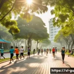 도시 녹지 공간과 지역 사회의 연대 - A vibrant urban park scene in Ho Chi Minh City during early morning, showing diverse groups of Vietn...