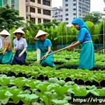 도시 녹지 확장과 여성의 역할 - A vibrant urban community garden in Ho Chi Minh City led by Vietnamese women wearing modest clothing...
