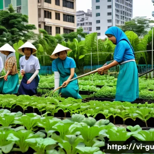 도시 녹지 확장과 여성의 역할 - A vibrant urban community garden in Ho Chi Minh City led by Vietnamese women wearing modest clothing...