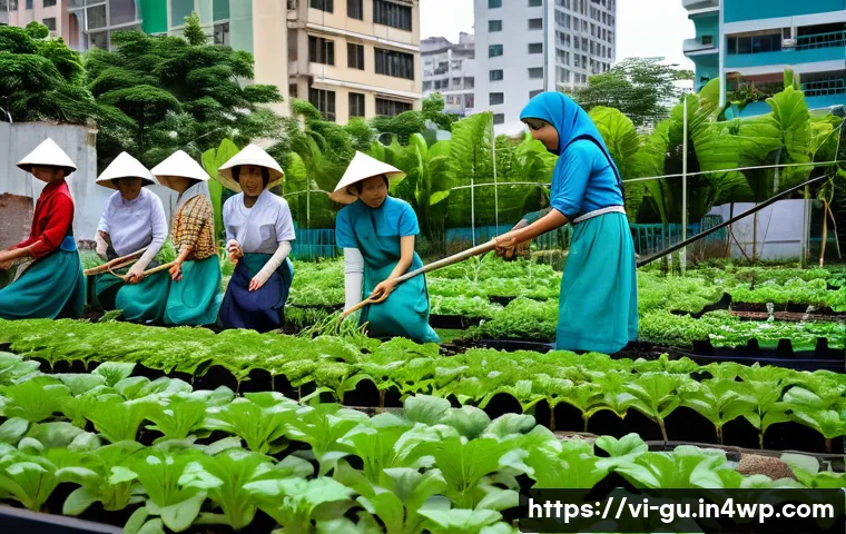 도시 녹지 확장과 여성의 역할 - A vibrant urban community garden in Ho Chi Minh City led by Vietnamese women wearing modest clothing...