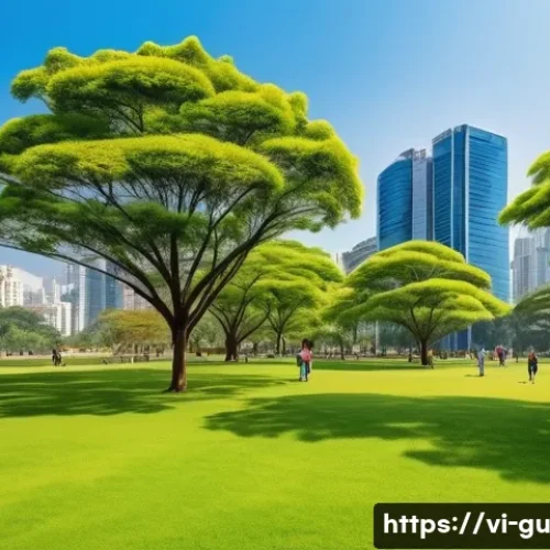 도시 녹지 공간의 가치 평가 방법 - A vibrant urban green space in a Vietnamese city park during daytime, featuring diverse native trees...