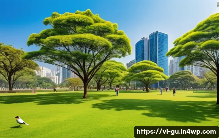 도시 녹지 공간의 가치 평가 방법 - A vibrant urban green space in a Vietnamese city park during daytime, featuring diverse native trees...