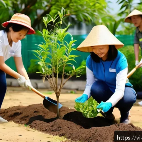 도시 녹지 확장 운동을 위한 민간 참여 방안 - A vibrant community tree planting event in a bustling Vietnamese urban park, featuring diverse group...