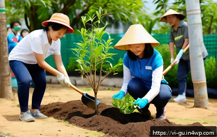 도시 녹지 확장 운동을 위한 민간 참여 방안 - A vibrant community tree planting event in a bustling Vietnamese urban park, featuring diverse group...