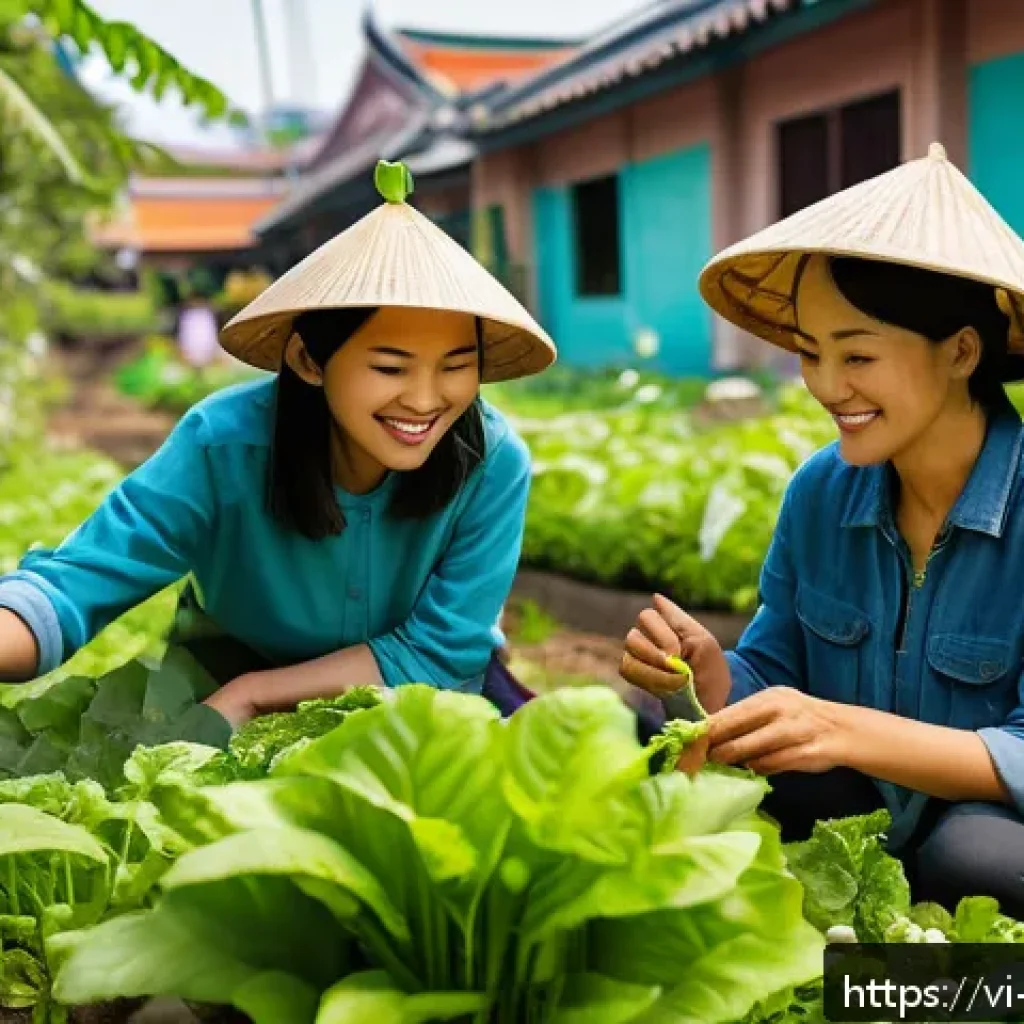 도시 녹지와 예술의 만남 - A vibrant urban community garden in a Vietnamese city, featuring diverse green plants, flowers, and ...