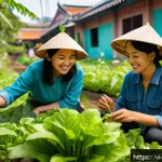 도시 녹지와 예술의 만남 - A vibrant urban community garden in a Vietnamese city, featuring diverse green plants, flowers, and ...