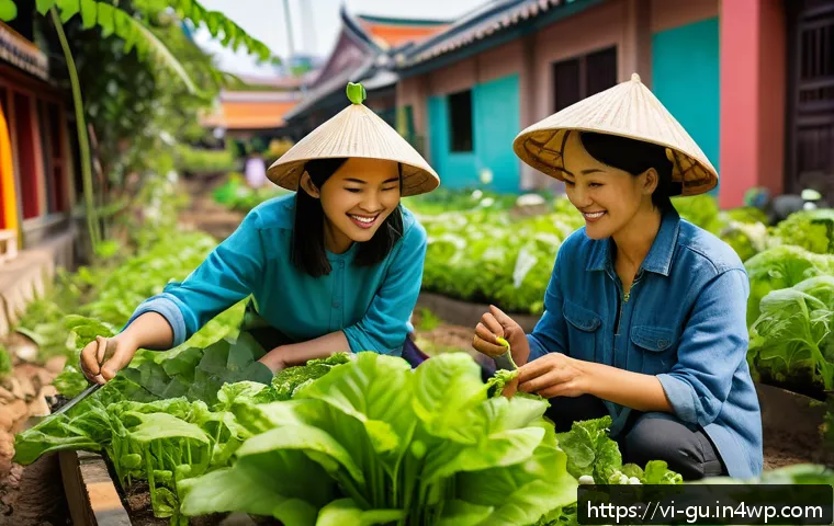 도시 녹지와 예술의 만남 - A vibrant urban community garden in a Vietnamese city, featuring diverse green plants, flowers, and ...