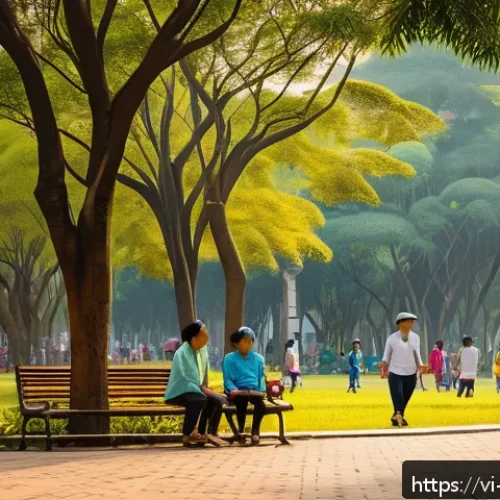 도시 녹지 공간의 접근성과 공공성 - A vibrant urban park scene in Ho Chi Minh City during late afternoon, showing diverse groups of peop...