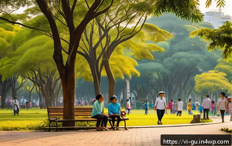 도시 녹지 공간의 접근성과 공공성 - A vibrant urban park scene in Ho Chi Minh City during late afternoon, showing diverse groups of peop...