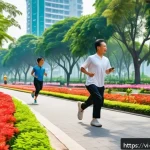 도시 녹지와 회복력 있는 도시 만들기 - A vibrant urban park scene in Ho Chi Minh City during a sunny day, featuring diverse groups of peopl...