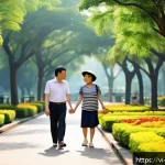 도시 녹지 공간과 자원 효율성 - A vibrant urban park in Hanoi, Vietnam during a sunny day, featuring diverse green spaces including ...