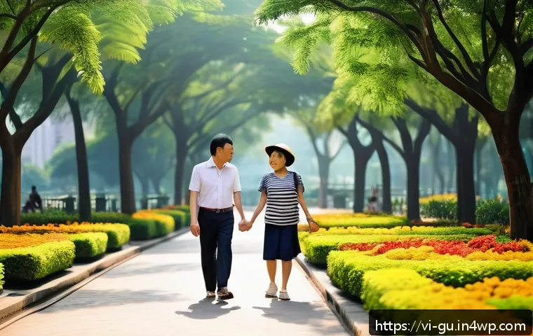 도시 녹지 공간과 자원 효율성 - A vibrant urban park in Hanoi, Vietnam during a sunny day, featuring diverse green spaces including ...