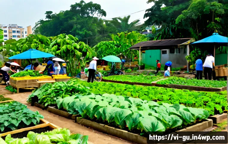 Home 15 도시 녹지 공간과 빈곤 문제 해결 - Photorealistic community garden in a dense Ho Chi Minh City neighborhood, Vietnamese families and ol...
