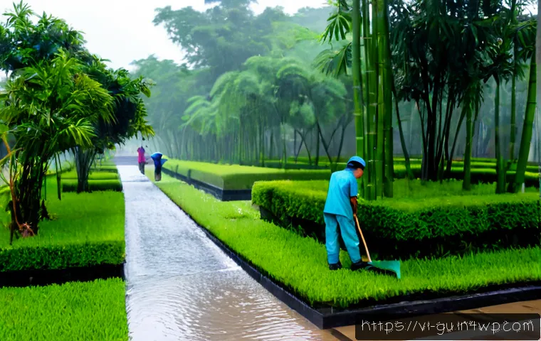 Home 16 도시 녹지의 계절별 관리 방법 - Photorealistic wide view of an urban public park in Vietnam during the rainy season, municipal garde...